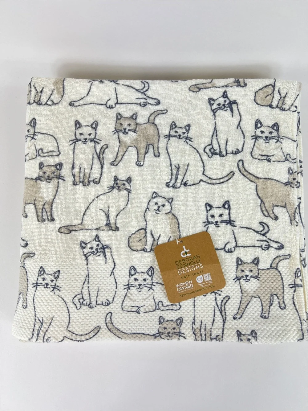 Deborah Connolly Bath Towel Set Cat Print Cream Tan Gray Cotton Blend 11 Pc NEW